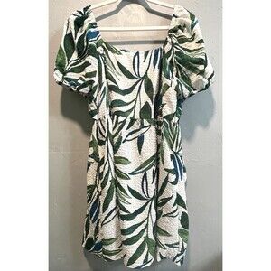 Tropical Leaf Dress Crinkle Seersucker Tie Back Puff Sleeve Women’s XXL
